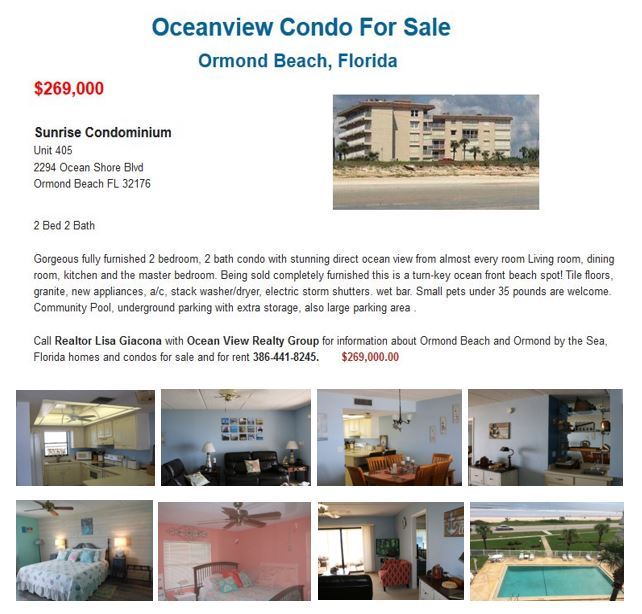 Furnished Oceanview Condo For Sale in Ormond By The Sea